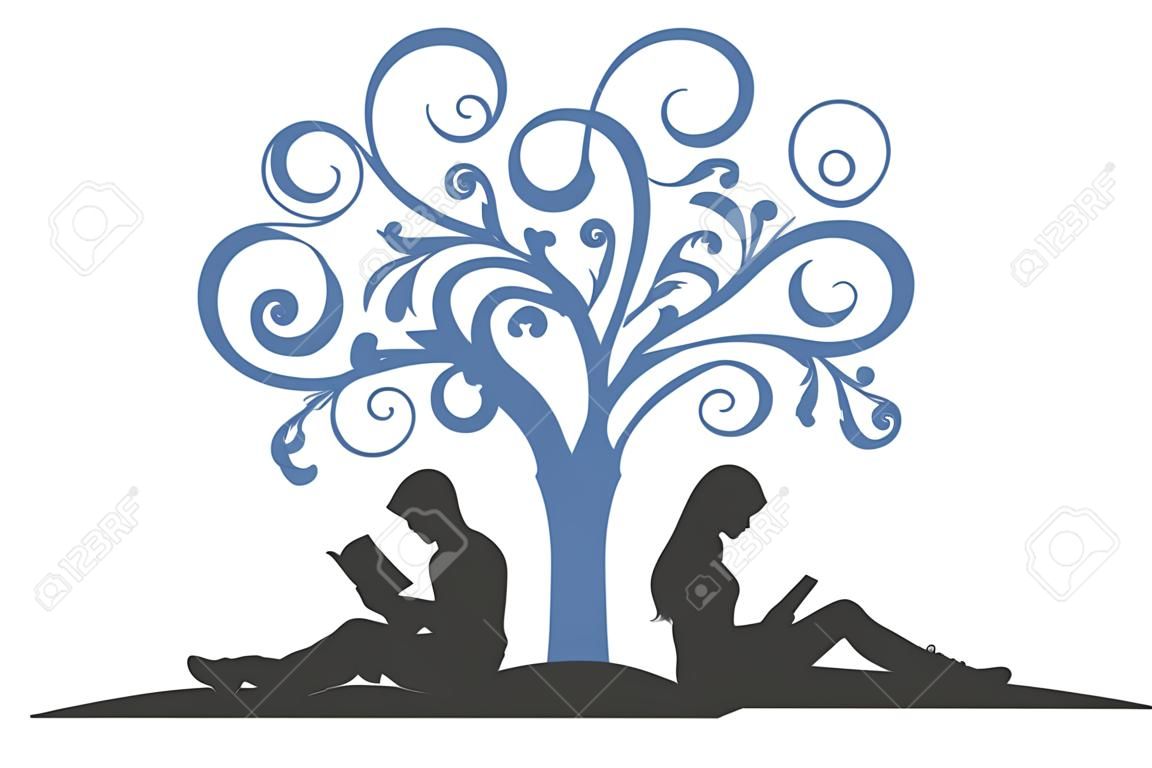 부부는 흰색 배경에 나무 아래 독서, 책에 앉아 그림