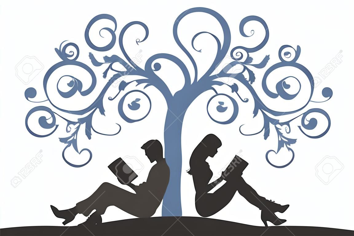 Ilustración de una pareja sentada en un libro, la lectura bajo un árbol sobre un fondo blanco