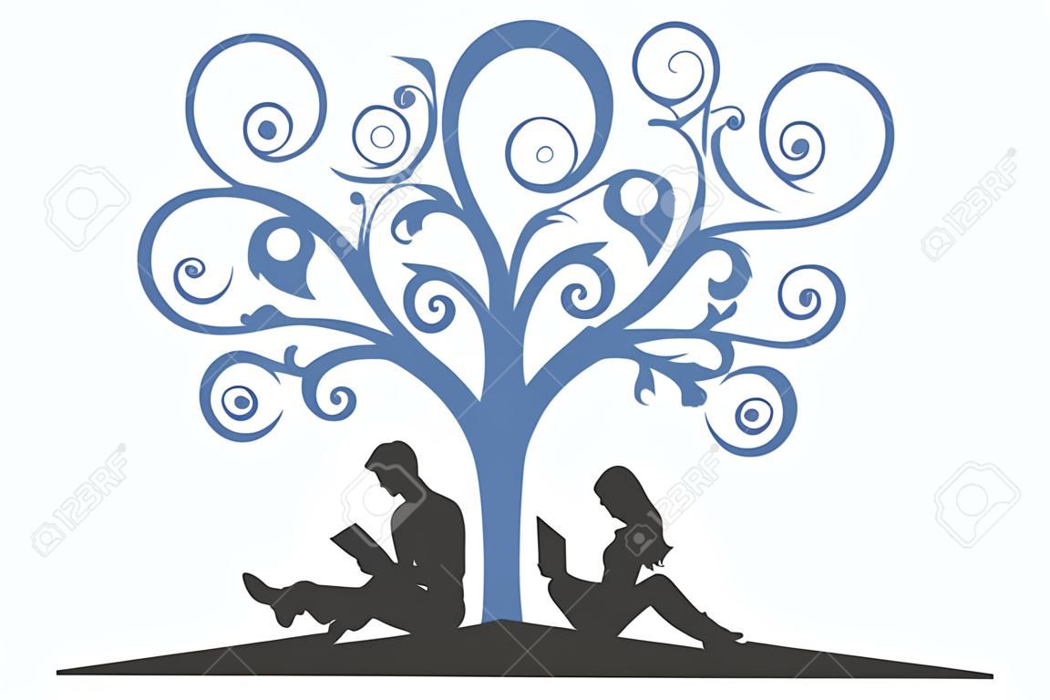 カップル、読書、白い背景の上のツリーの下に座っているの図