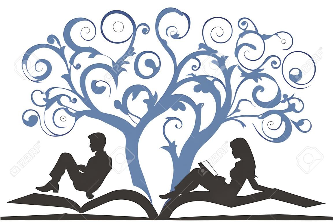 Иллюстрация пары, сидящей на книге, читающей под деревом на белом фоне