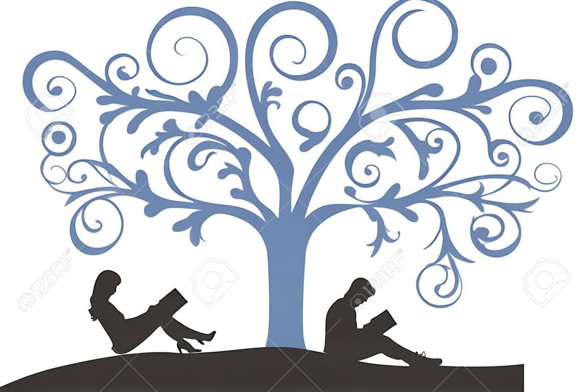 illustration of a couple sitting on a book, reading under a tree on a white background