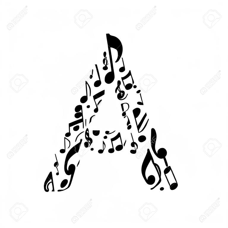 A letter made of musical notes on white background. Alphabet for art school. Trendy font. Graphic decoration.