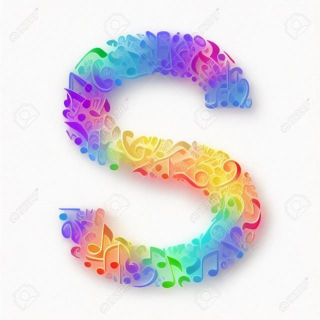 S letter made of colorful musical notes on white background. Alphabet for art school. Trendy font. Graphic decoration.