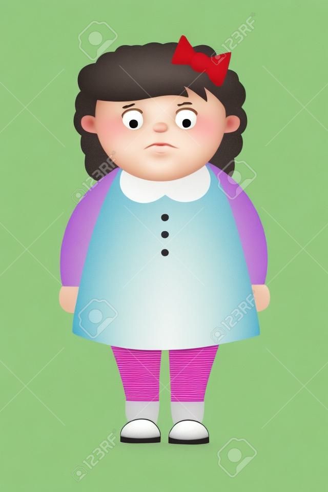 niño gordito con la obesidad. Aislado personaje de dibujos animados de grasa. Obesidad infantil. Chica con sobrepeso. Muchacha triste.