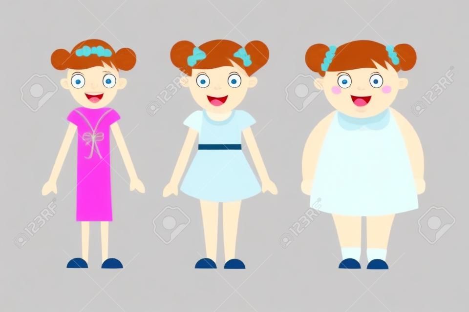 Von dünn bis dick Kind. Kinder Fettleibigkeit und Magersucht. Lustige lächelnde Cartoon Mädchen auf weißem Hintergrund. Mädchen, das Fett, Gewicht zu gewinnen, immer dünner, verlieren Gewicht.