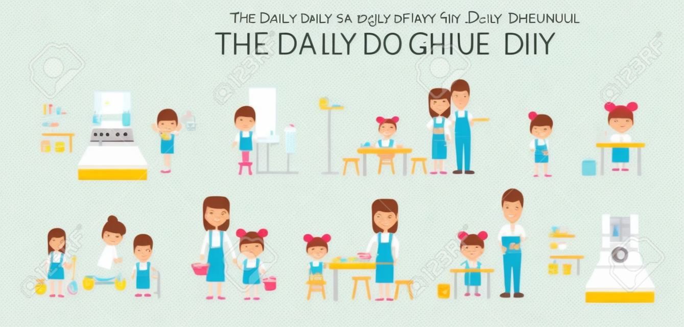 The daily routine of a girl. Set of domestic chores and activities. From morning till night.