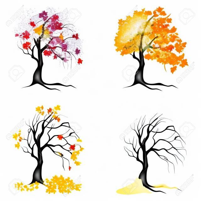Vier Jahreszeiten Bäume auf weißem Hintergrund. Sommer, Frühling, Herbst und Winter.