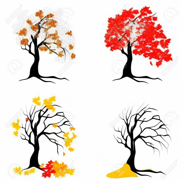 Quattro alberi di stagioni su priorità bassa bianca. Estate, primavera, autunno e inverno.