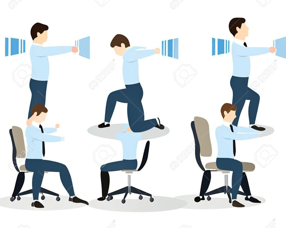Ejercicios deportivos para la oficina. Oficina de yoga para los empleados cansados ??con silla y mesa. Estiramiento del hombro.
