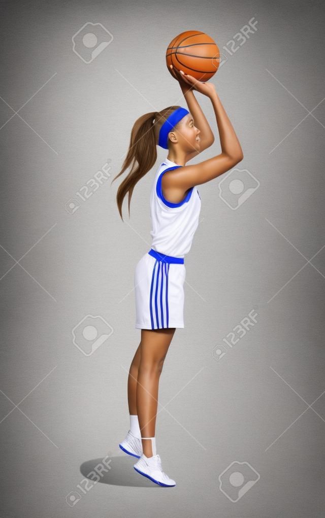 Kadın basketbol oynuyor. İzole beyaz karakter beyaz zemin üzerine bir top atar.