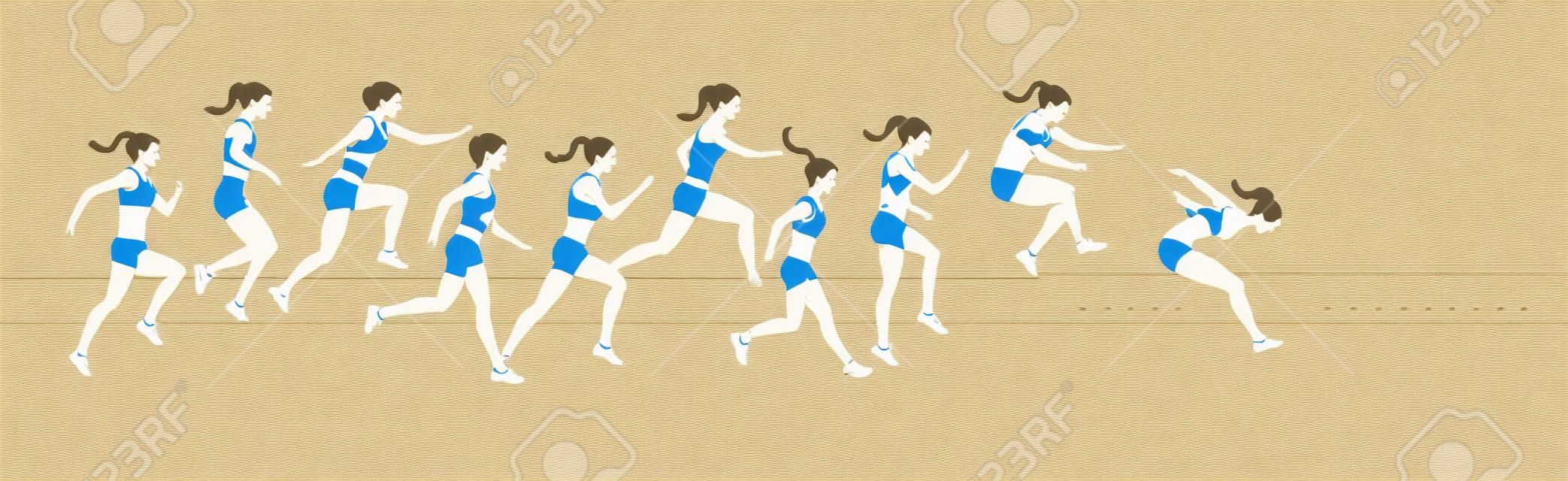 Triple jump moves illustratie. Vrouw springt in uniform.