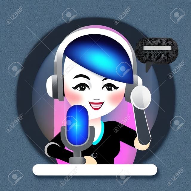 Radio show presenter with headset and microphone.