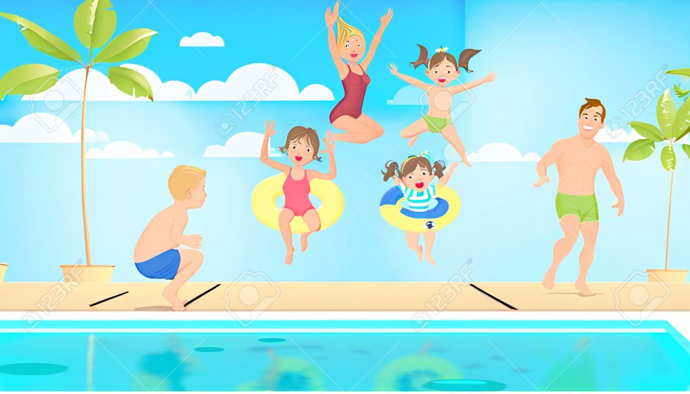 saut de famille dans la piscine illustration