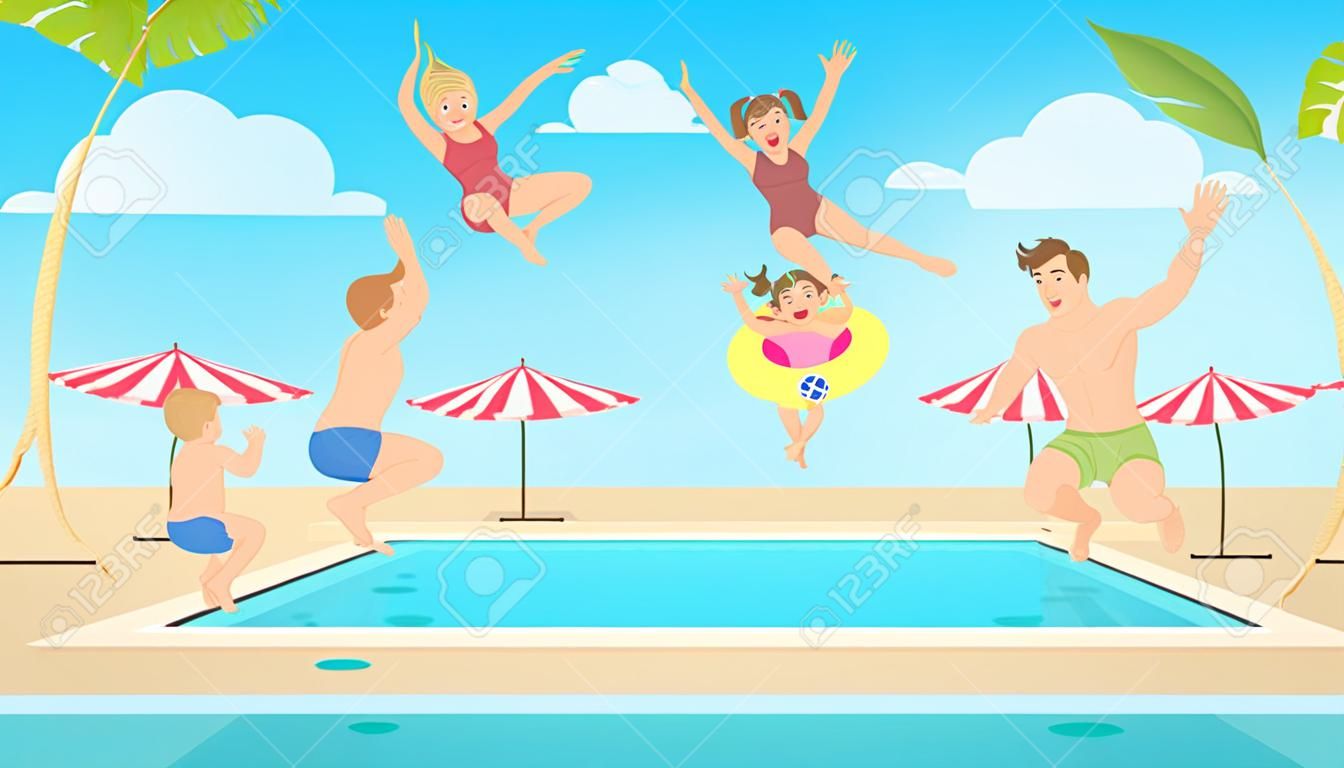 Family jump in pool illustration.