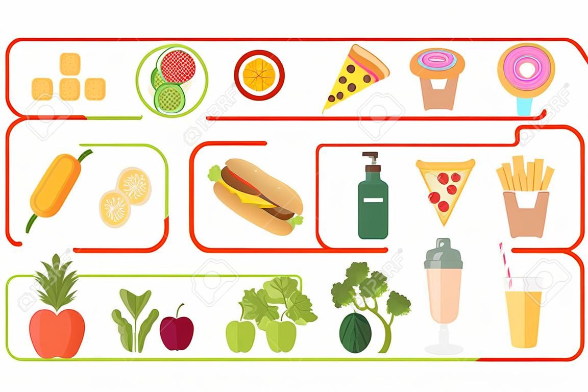 Ilustração de imagem saudável e junk food