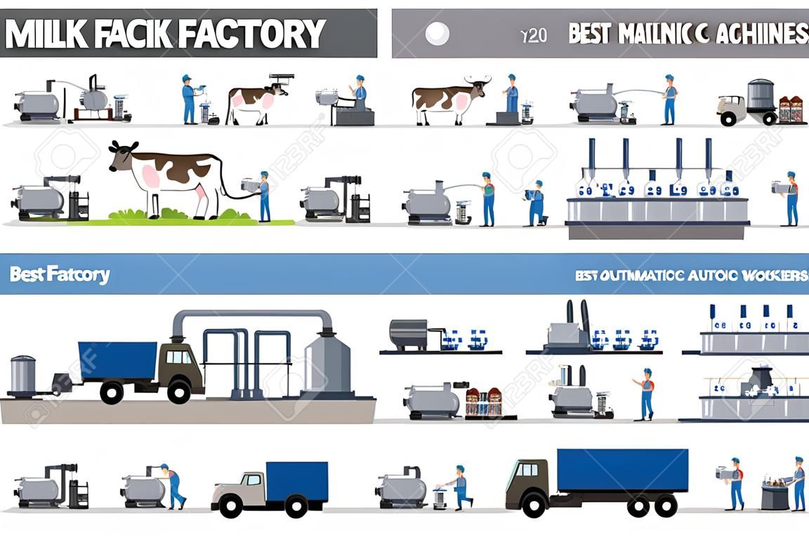 Melkfabriek set met automatische machines en arbeiders.