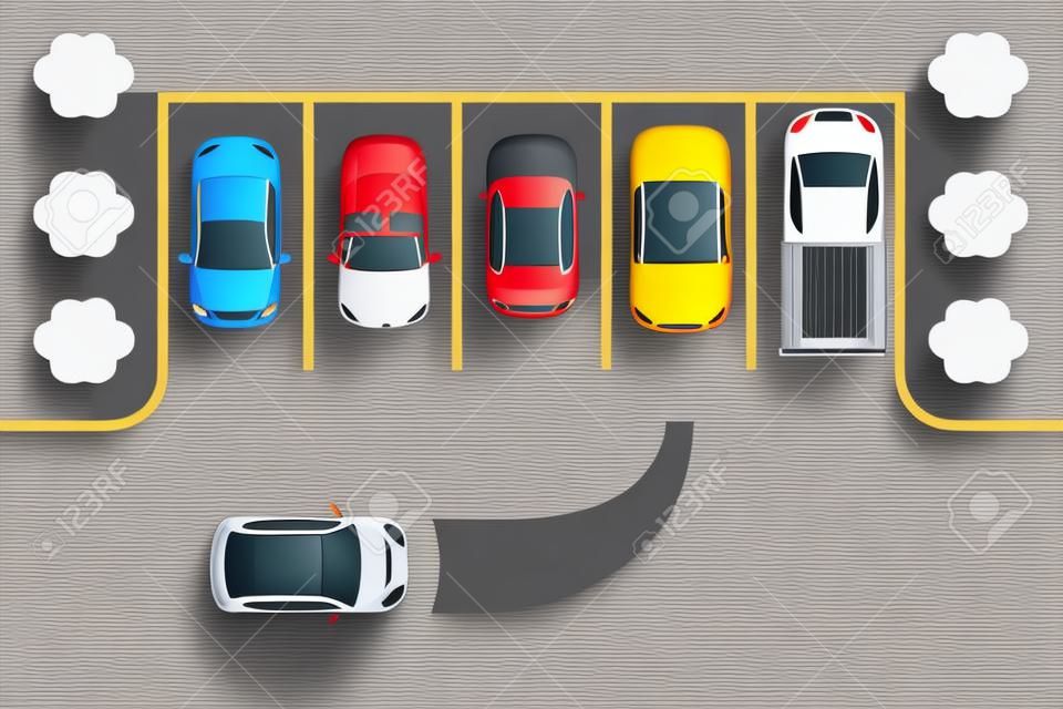 Stad parkeren top uitzicht. De auto parkeren op de lege parkeerplaats. Platte vector illustratie