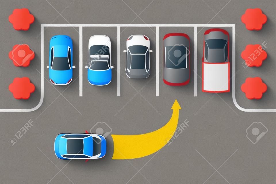 City car parking top view. The automobile parking in the empty parking lot. Flat vector illustration