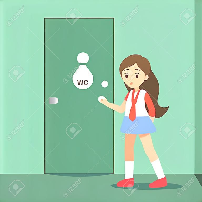 ストレスを受けた女の子はおしっこをしたいと思っています。閉じたWCドアに完全な膀胱が立っている女性キャラクター。フラット ベクターの図