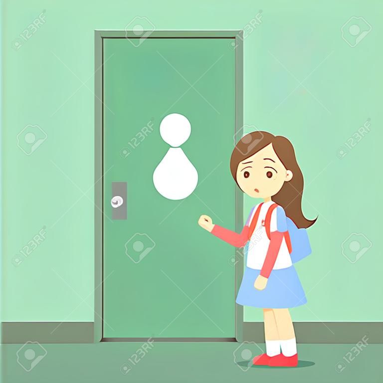 Stressed girl wants to pee. Female character with a full bladder standing at the closed WC door. Flat vector illustration