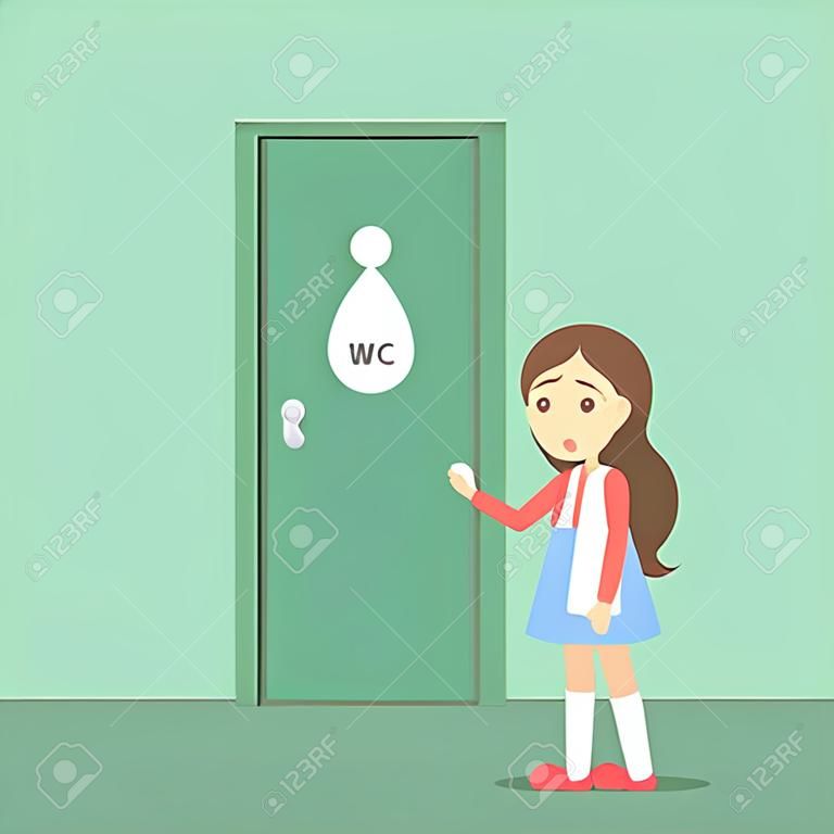 Stressed girl wants to pee. Female character with a full bladder standing at the closed WC door. Flat vector illustration