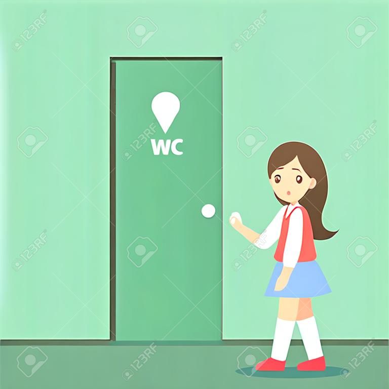 Gestresste meisje wil plassen. Vrouwelijk karakter met een volle blaas staan bij de gesloten WC deur. Platte vector illustratie