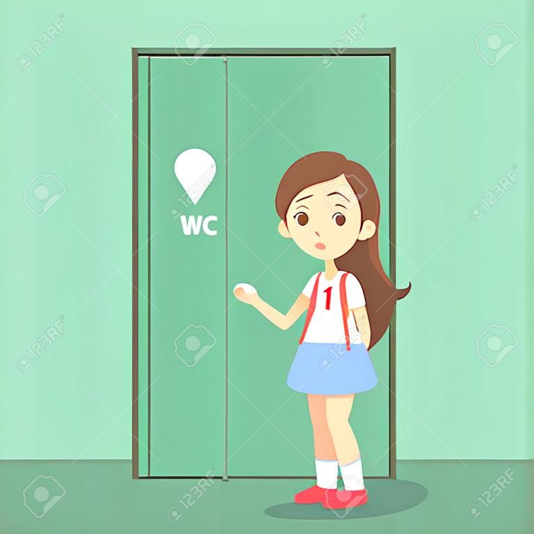 Gestresste meisje wil plassen. Vrouwelijk karakter met een volle blaas staan bij de gesloten WC deur. Platte vector illustratie