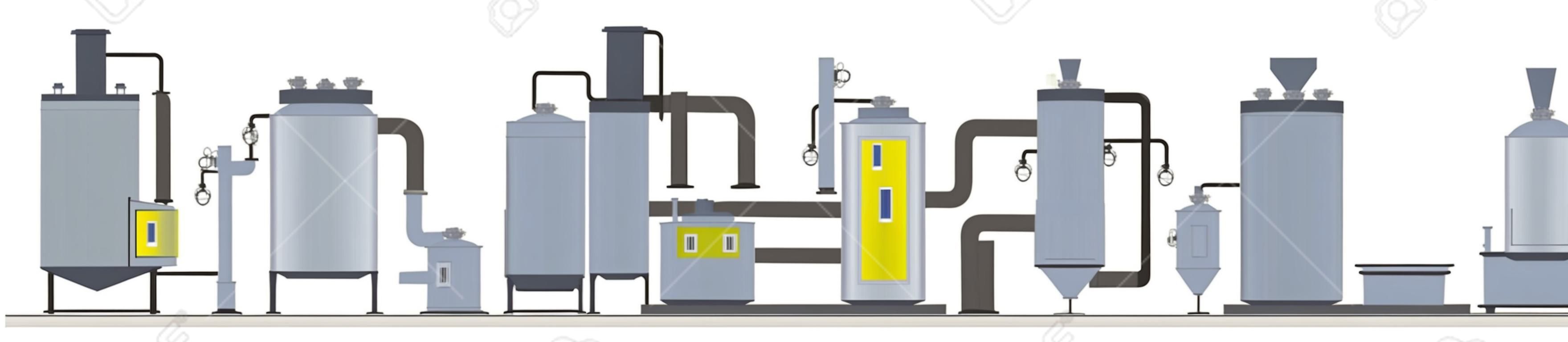 Estágios de processo de produção ou fabricação de azeite. Lavagem, prensagem, filtração e embalagem de garrafas com óleo orgânico. Ilustração plana vetorial isolada