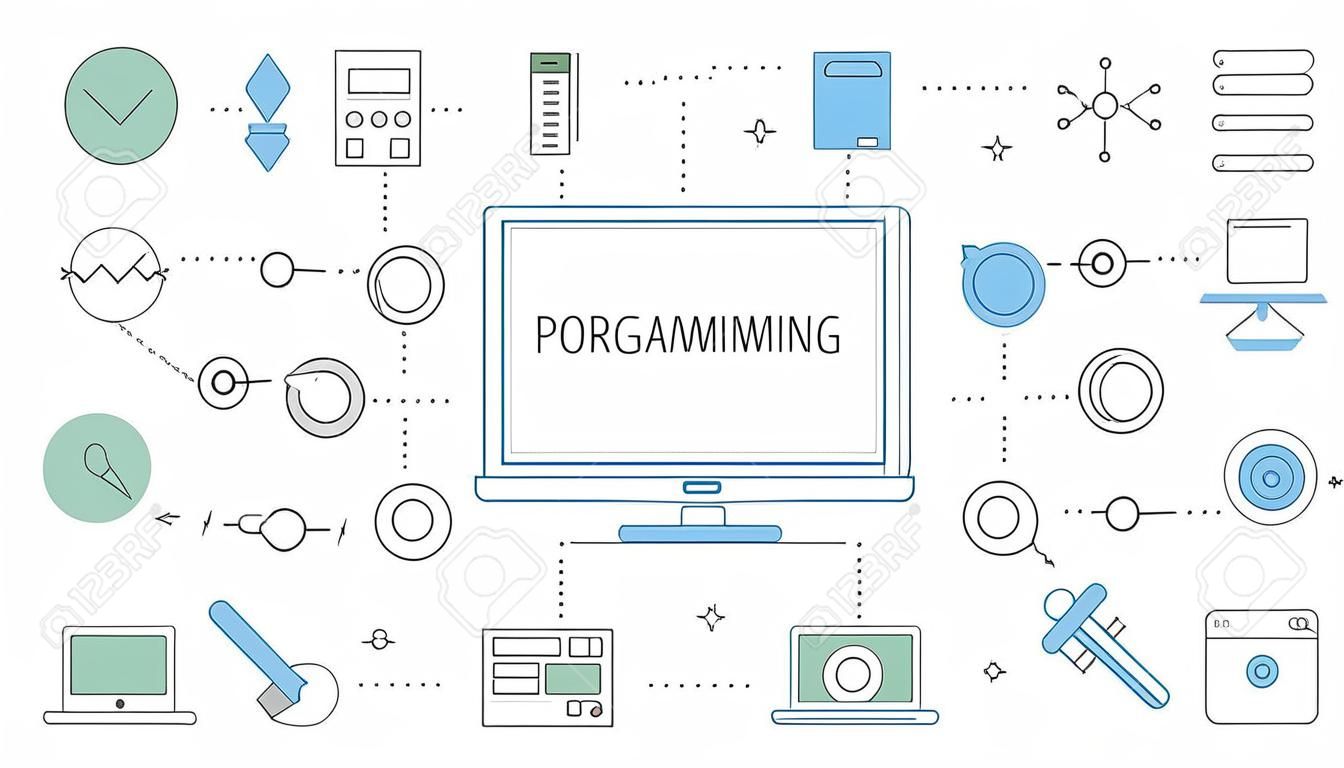 Programming concept. Idea of working on the computer, coding, testing and writing program, using internet and different software. Set of technology icons . Isolated vector illustration