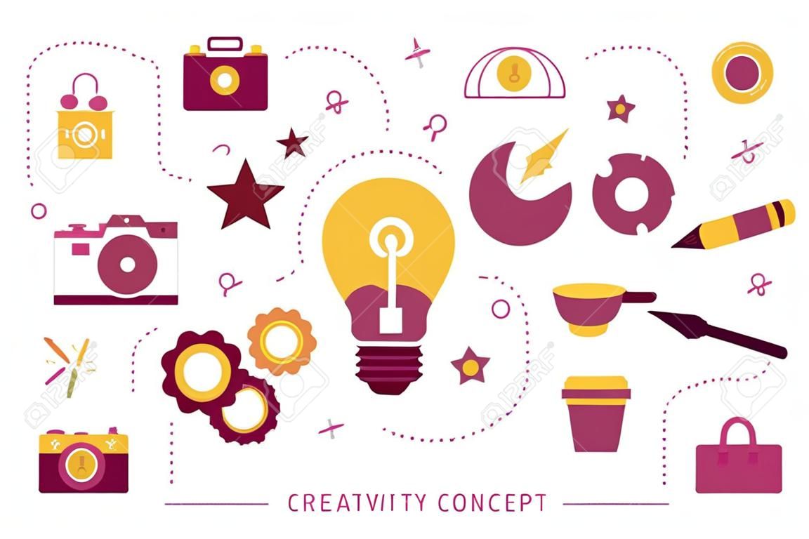 Creativity concept. Idea of creative thinking and generating innovative idea. Set of colorful icons. Flat vector illustration