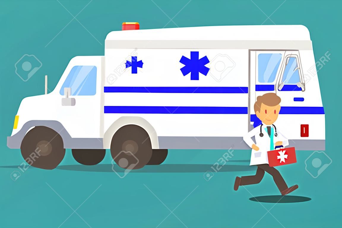 Doctor running in front of ambulance car