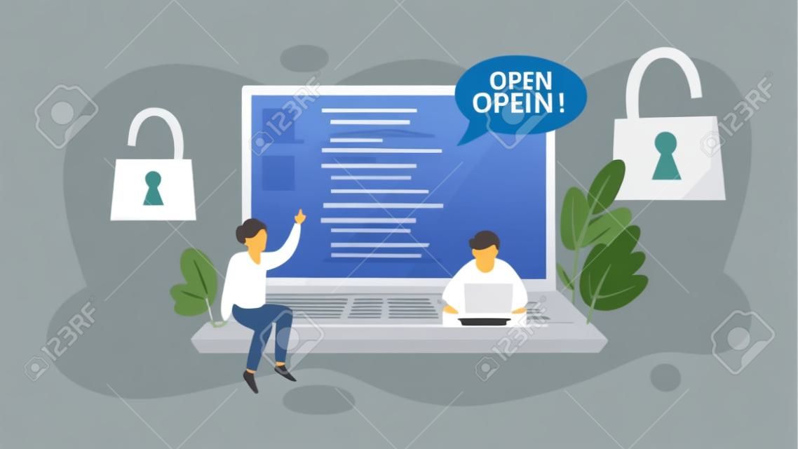 Open source concept. Free software for the computer. Download and install file for free. Flat vector illustration