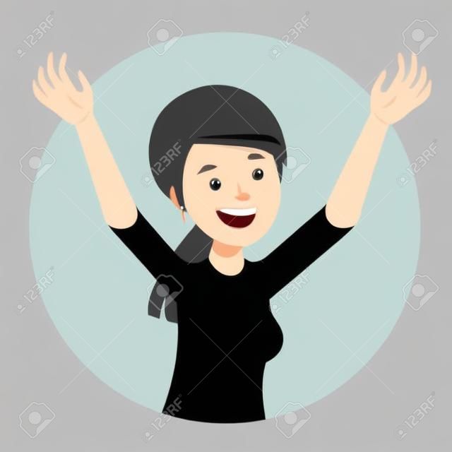 Happy woman with raised up arms. Excited girl smiling. Cheerful female character. Isolated flat vector illustration