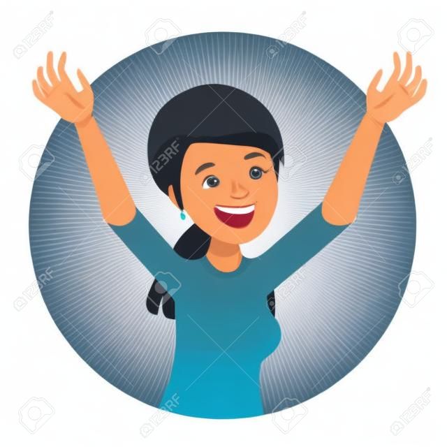 Mujer feliz con los brazos levantados. Chica emocionada sonriendo. Personaje femenino alegre. Ilustración de vector plano aislado