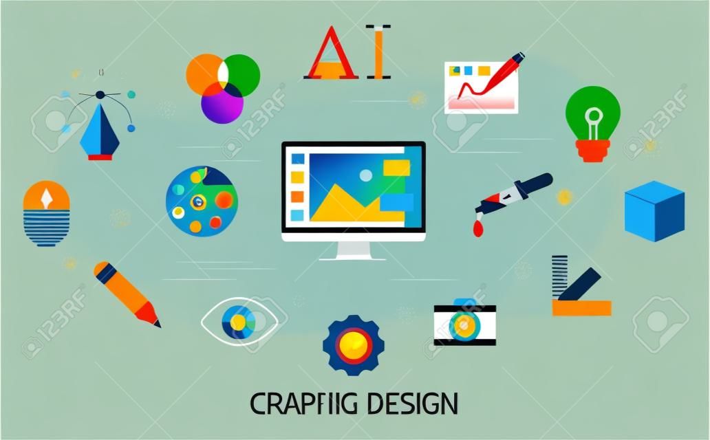 Concepto de diseño gráfico. Idea de arte digital y mente creativa. Banner para página web. Conjunto de iconos de colores. Ilustración de vector plano aislado