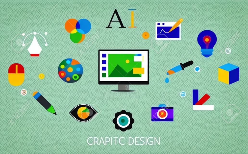 Concepto de diseño gráfico. Idea de arte digital y mente creativa. Banner para página web. Conjunto de iconos de colores. Ilustración de vector plano aislado