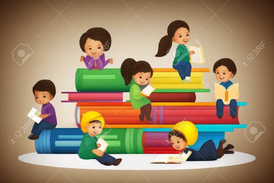 Kleine kinderen zitten op een boek stapel en lezen. Idee van onderwijs en intelligentie. Lachende kinderen.