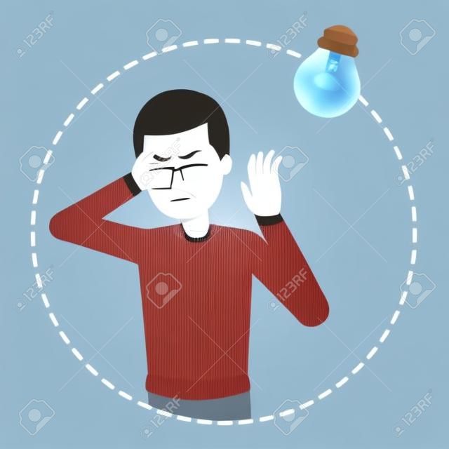 Man with photophobia. Migraine and light sensitivity. Problem with health. Isolated vector illustration in cartoon style