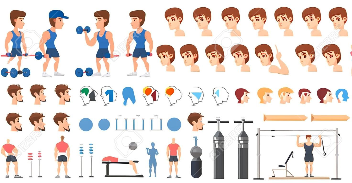 Sportsman character set for the animation with various views, hairstyle, emotion, pose and gesture. Training equpiment. Dumbbell and barbell. Isolated vector illustration in cartoon style