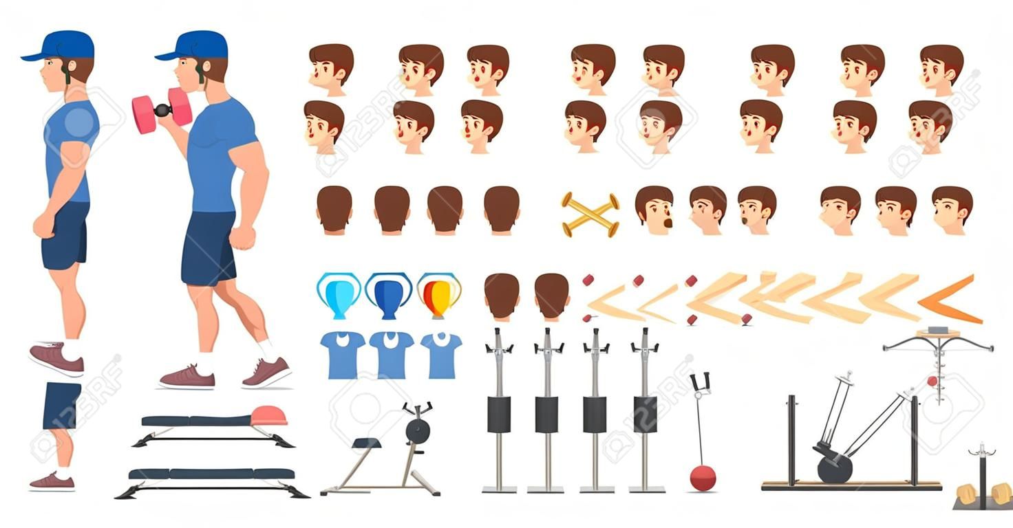 Sportsman character set for the animation with various views, hairstyle, emotion, pose and gesture. Training equpiment. Dumbbell and barbell. Isolated vector illustration in cartoon style