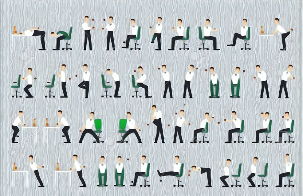 Zestaw ćwiczeń biurowych. Trening ciała dla pracownika biurowego. Rozciąganie szyi, ramion i pleców. Ilustracja kreskówka na białym tle wektor