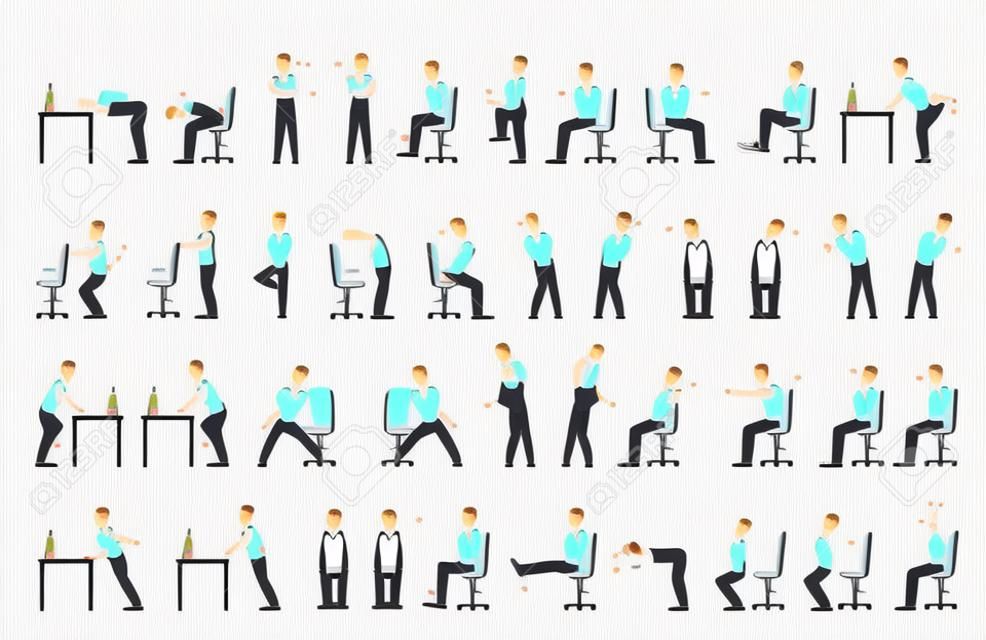 Set di esercizi per ufficio. Allenamento del corpo per impiegato. Stretching per collo, spalle e schiena. Illustrazione di cartone animato vettoriale isolato