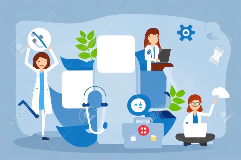 Healthcare concept banner. Idea of doctor caring about patient health. Medical treatment and recovery. Vector illustration in cartoon style