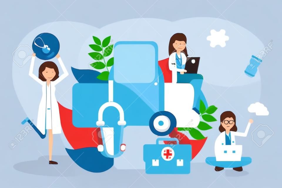 Healthcare concept banner. Idea of doctor caring about patient health. Medical treatment and recovery. Vector illustration in cartoon style