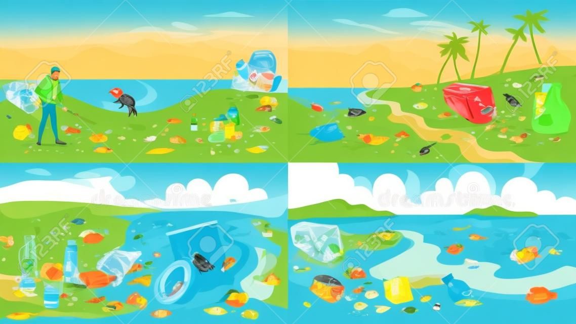 자연 오염 세트입니다. 쓰레기와 쓰레기, 생태학에 대한 위험. 쓰레기 사이 바다에서 수영하는 거북이. 가방과 병, 플라스틱 쓰레기. 만화 스타일의 벡터 일러스트 레이 션