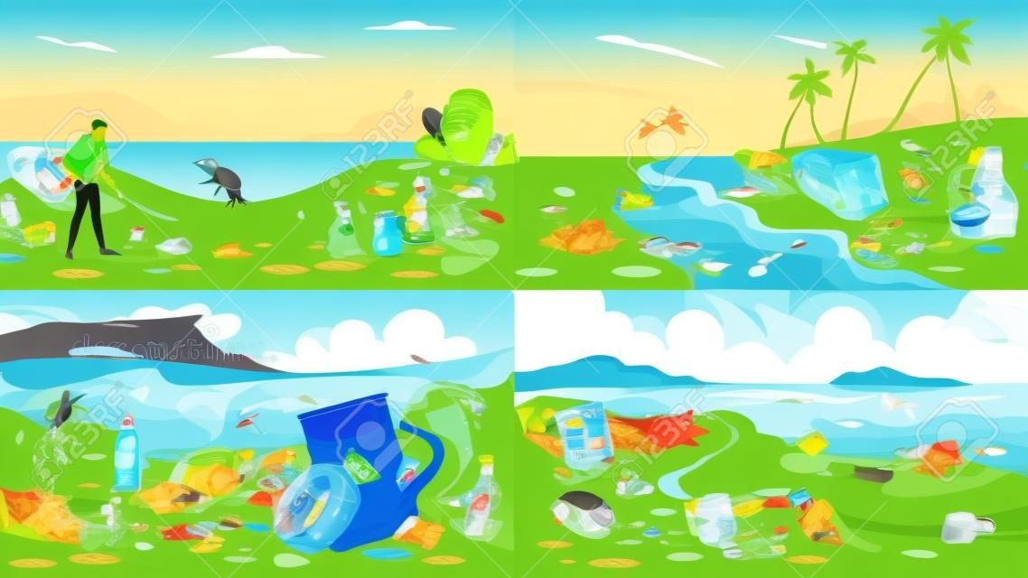 자연 오염 세트입니다. 쓰레기와 쓰레기, 생태학에 대한 위험. 쓰레기 사이 바다에서 수영하는 거북이. 가방과 병, 플라스틱 쓰레기. 만화 스타일의 벡터 일러스트 레이 션