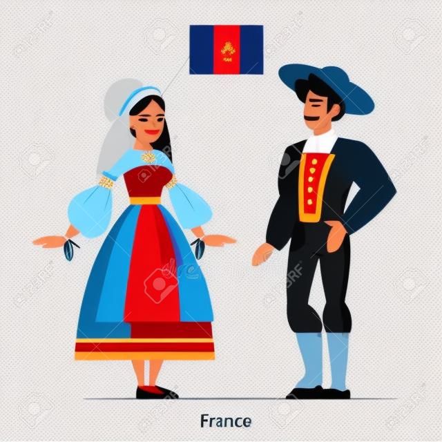 Vector illustratie van Frankrijk burger in nationaal kostuum met een vlag. Man en vrouw in traditionele kleding. Mannelijke en vrouwelijke dragen etnische jurk. Vector platte illustratie.