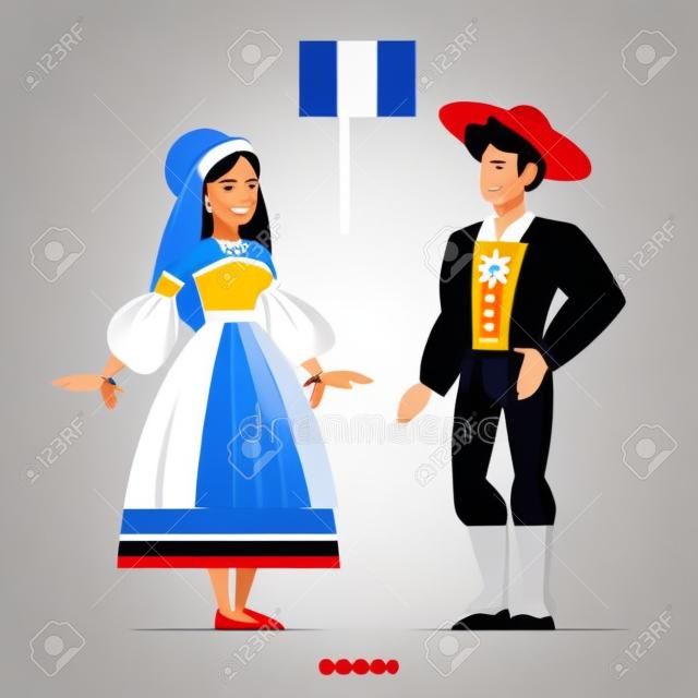 Vector illustratie van Frankrijk burger in nationaal kostuum met een vlag. Man en vrouw in traditionele kleding. Mannelijke en vrouwelijke dragen etnische jurk. Vector platte illustratie.