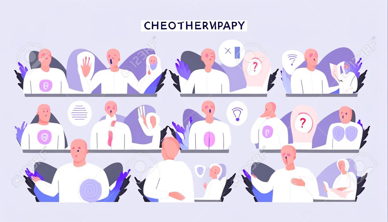 Side effects of chemotherapy set. Patient suffer from cancer disease. Male character suffering from chemo treatment. Hair loss and nausea. Vector illustration in cartoon style
