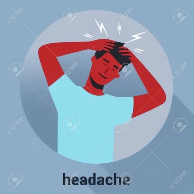 L'uomo soffre di dolore alla testa. Mal di testa e stress dalla malattia. Emicrania e cattivo umore. Illustrazione vettoriale piatto isolato